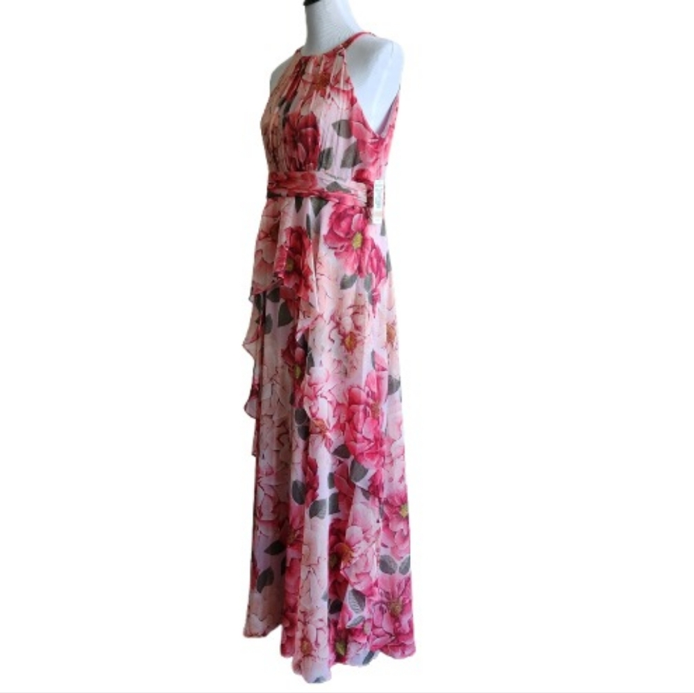 🆕️⬇️R & M Richards Floral Chiffon Gown With Halter Neckline And Ruffled Skirt - Picture 9 of 16